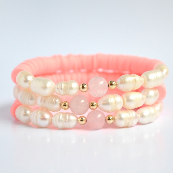 Breast Cancer Rose Quartz Freshwater Pearl Gemstone Beaded Bracelet - Picture 1 of 4